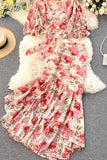 Pink/Blue Floral Print Chiffon 2pcs Set Women Summer Bandage Short Tops + High Waist Mermaid Skirt Female Sets 2023