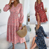 Shooting Autumn And Winter Elegant Flowers V Lead Long Sleeves To Close Waist Lotus Leaf Side A Dress Women's