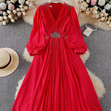 Retro High-End Feel V-Neck Lantern Sleeve Nail Diamond Dress Women's Waist Thin Temperament Elegant Swing Long
