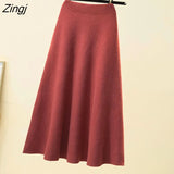 Knit Long Midi Skirt Women 2022 Winter Warm Korean Fashion Blue Black Elegant High Waist A Line Skirt