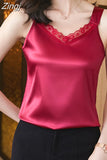 Women's Tops V-Neck Lace Vest Solid Sleeveless Satin Sexy Blouse Women 2023 Summer Fashion Women Clothing Basic Silk Womens