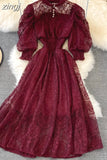 Women Lace Dress Spring Summer Elegant Stand Collar Puff Sleeve High Waist Party Vestidos Female Runway Robe 2023