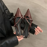 Women 2025 Spring And Summer New Retro Pointed Finger-Point Fine Heel Belt Buckle Single Shoes With Skirt