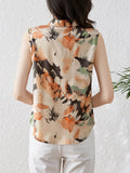 Satin Women's Silk Blouse Shirt Sleeveless Women Shirts Blouses Polo-Neck Chiffon Print Laides Tops Summer Vintage