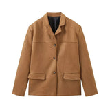 Casual Clip Jacket Brown Solid Color Single-Sleeve-Buckle Suede