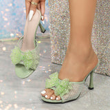 New 9CM High Heel Thin Mesh Slippers Women Cool Drag Toe Bow Large Size Women's