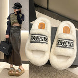 A Thick-Sleled Fur Slippers Female Letter One-Word Drag Fashion Cotton Slippers Women's Shoes Spring And Autumn High
