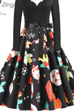 Women Vintage Long Sleeve Christmas Dress Winter Swing Elegant Lacework Party Dress Robe Casual Black Print New