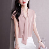 Female Short Sleeve OL Commuter Wind Elegant Mulberry Silk Jacket Bow Ribbon