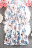 Women Shirt Dress Casual Spring Autumn Vintage Floral Print Bow Long Sleeve Elegant Office A-line Midi Dress