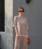 Fashion Suit Temperament Bumpy Open Fork Short-Sleeved Knit Shirt High Waist Thin Leg Trousers Two