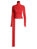Perspective Mesh Yarn Long-Sleeved Top 2025 Summer New Solid Color High-Necked Ribbon Fashion Design High-Sense Shirt