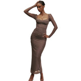 Zingj 2024 New Long-Sleeved Sling Temperament Show Back Tight Open Fork Long Dress