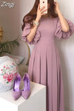 Solid Casual Chic Elegant Dress for Women High Waist O-Neck Straps Short Lantern Sleeves Pleated Midi Dresses Summer