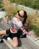 Spring 2024 New Round Collar Collar Long-Sleeved Mesh Printing Umbilical Casual Women's
