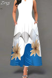 Boho Long Dresses Women Elegant Sleeveless Casual Floral Print Beach Party Maxi