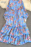 Vintage Floral Chiffon Long Dress Elegant O-Neck Puff Sleeve High Waist A-Line Ruffle Hem Vacation Beach Maxi