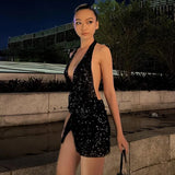 Sales Of Explosive Night Club Women's Fashion Sleek Sexy Dew Deep V Open Fork Light Dress