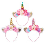 New 2023 Women Kids Party Gold/Silver Unicorn Horn Headband Flower Horn Girls Headwear Birthday Hairband Hair