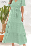 Maxi Dress Women Elegant Jacquard Sundress Female Boho Beach Green Long Dress Loose Retro Short Sleeve