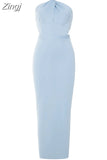 Sleevless Hollow Out Long Dress Women Blue Strap Backless Folds Bodycon Maxi Dress Summer Elegant Evening Party