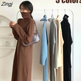 Sleeve Dress Women Solid Turtlenek Side Slit Midi Elegant All-match Korean Style Simple Winter Fashion Ins Stylish
