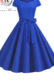 Women Vintage Dress 50S 60S Short Sleeve Casual Elegant Retro Office Party Midi Dress Robe Femme Solid