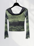 Zingj Single Double One Word Shoulder Hot Girl Jacket Chic Beautiful Small Shirt Green Dizzy Dye Horn Sleeve Mesh Long Sleeve