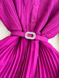 Autumn Women Turn-Down Collar Pleated Long Dress Vintage Single Breasted Lantern Sleeve High Waist Draped Maxi Robe