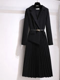 Women's Dress Notched Chiffon Elegant Dresses for Women 2023 Spring Pleated White Dress Belt Knee-Length Solid OL Woman