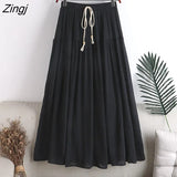 Cotton Pleated Skirt Women Drawstring Elastic High Waist Long Skirts Daily Beach Boho Black White A-line Skirt Faldas