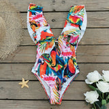 Printed Flowers Even Lotus Leaf Side Body Swimsuit Women 2025 New Swimsuit Bare