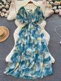 Vintage Women Printed Pleated Long Dress Elegant V-Neck Short Sleeve Ruffle Maxi Vestidos Female Beach Draped Robe