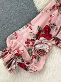 Women Floral Printed Two Piece Set Sexy Square Collar Lantern Sleeve Short Tops + Wide Leg Pants Suit Vacation Beach