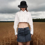 New Fashion Temperament Pure Color Stand Collar Single Breasted Irregular Splicing Design Sense Short Crop Shirt