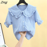 Sweet Plaid Shirt Women Kawaii Peter Pan Collar Lolita Blouse Japanese Preppy Style Puff Sleeve Top Blusas Mujer De