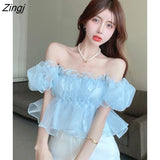 T-shirts Women Chic Summer Tops New Slim Mesh Hotsweet Girls Ruffles French Stylish Vintage Gentle Printed