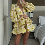 Women's Elegant Fashion V-Neck Bubble Sleeve Print Lotus Leaf Side Short Dress