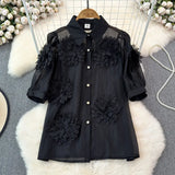 Zingj Heavy Industry Three-Dimensional Flower Splicing Bubble Sleeve Super Fairy Short Sleeve Shirt Fashion Loose Micro Transparent Temperament Jacket