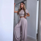 Summer Women's Round Neck Solid Color Sexy Wide Leg Pants Fashion Casual Suit