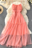 Women Sexy Mesh Spaghetti Strap Long Dress Summer Orange/Purple/Blue/Pink Ruffle A-Line Beach Robe Female Elegant Party