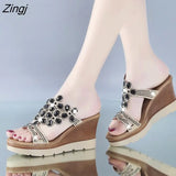 Shoes Women Summer Peep Toe Breathable Beach Sandals Rhinestone Slip-On Wedges Shoes
