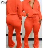 Solid Color Casual Two Piece Set Sexy Ladies Turn Down Collar Long Sleeves Jacket+High Waist Pants Clubwear