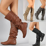 Flat-Bottomed Long Boots Women Autumn And Winter New In The New Increase In The Pu Leather Face Round Head Cover Thin Women
