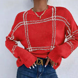 Autumn And Winter New Lattice Color Collar Sweater Women Casual Long-Sleeved Round Collar Collar Knitted