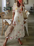Solid Ruffles Pleated Long Party Dress Women Short Sleeve Loose Casual Dress2025 Autumn V Neck Tassel Hollow Out Dresses 211-0-Outfit
