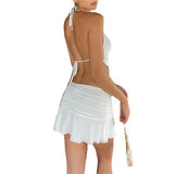 Zingj Summer Women's Dress Solid Color Dew Back Tie Hanging Neck Diamond Wave Belly Pocket