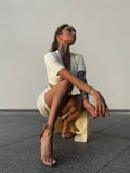 Knit 2 Piece Set Chic Women Button V Neck Short Sleeve Waist Tops Button Skirt Sexy Holiday Split Elegant New Year