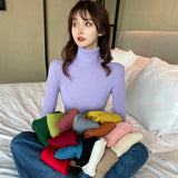 Soft Women Turtleneck Sweater Autumn Knitted Solid Jumper Winter Long Sleeve Elastic Pink Female Pullover Top