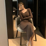 Knitted Dresses for Women Long Sleeve Sweater Elegant Party Female Office Lady Slim One-Piece Dress Korean Autumn
